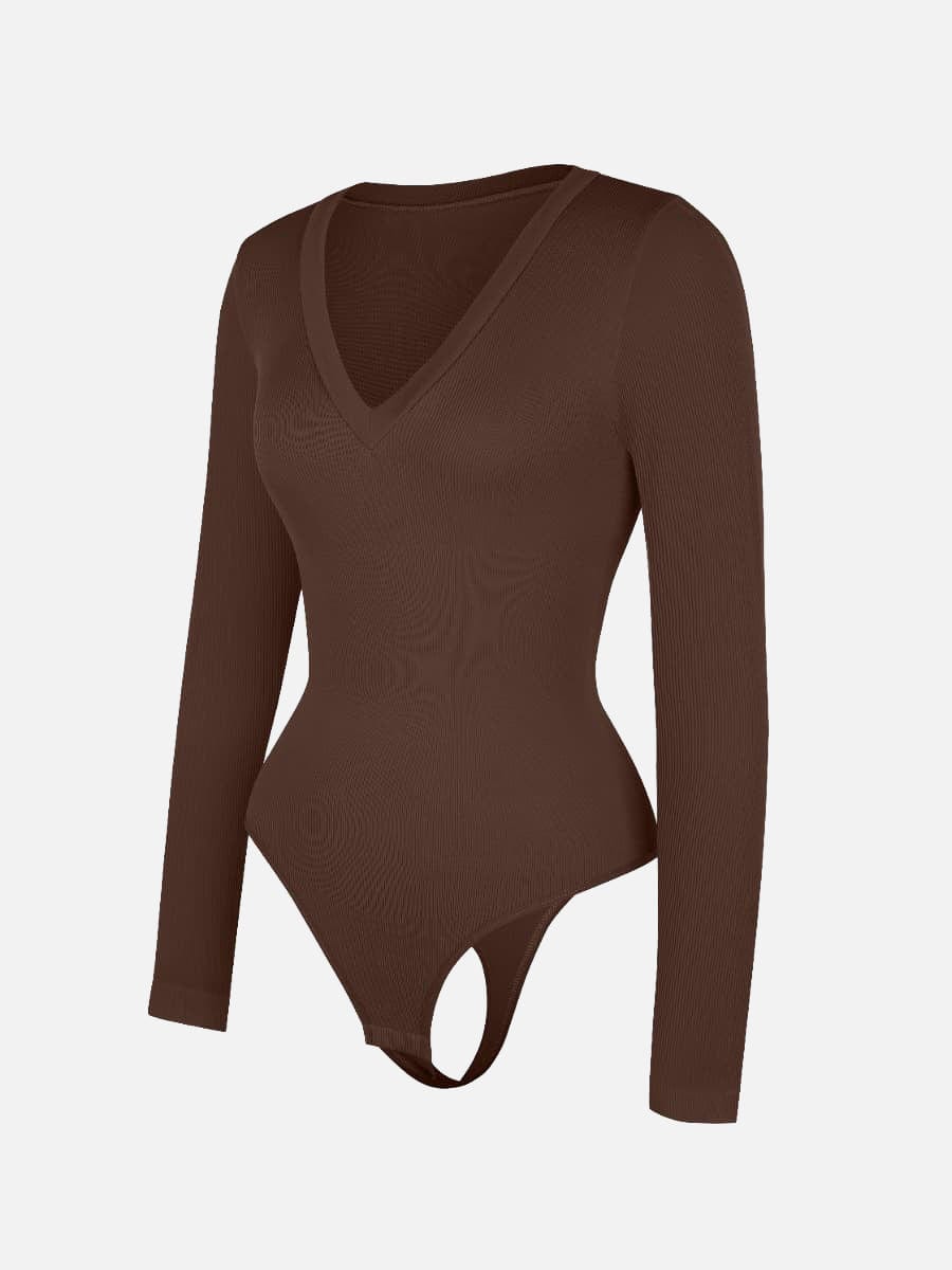 Long Sleeved V-neck Waist Shaping Tummy Control Seamless Bodysuit