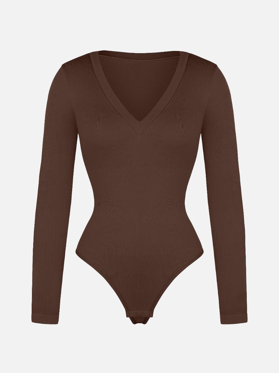 Long Sleeved V-neck Waist Shaping Tummy Control Seamless Bodysuit