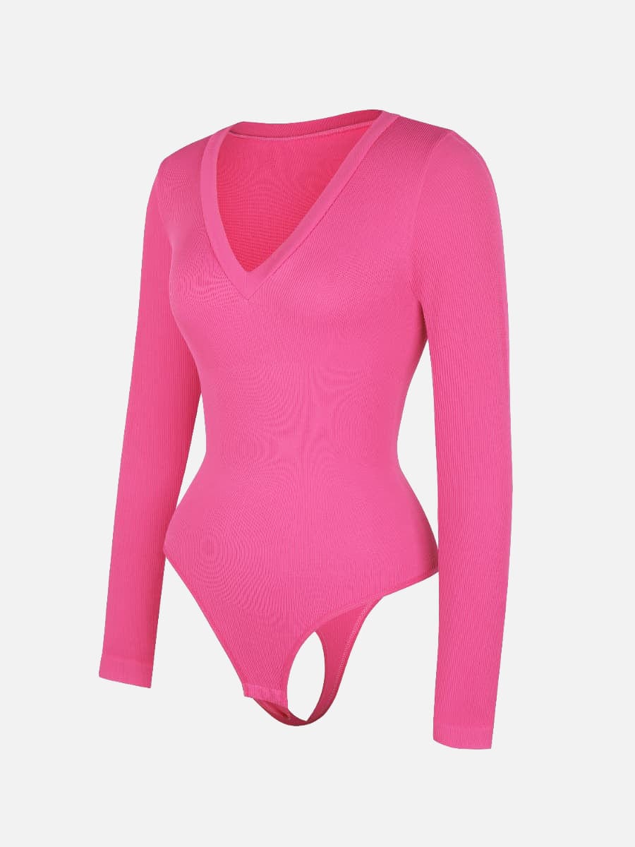 Long Sleeved V-neck Waist Shaping Tummy Control Seamless Bodysuit