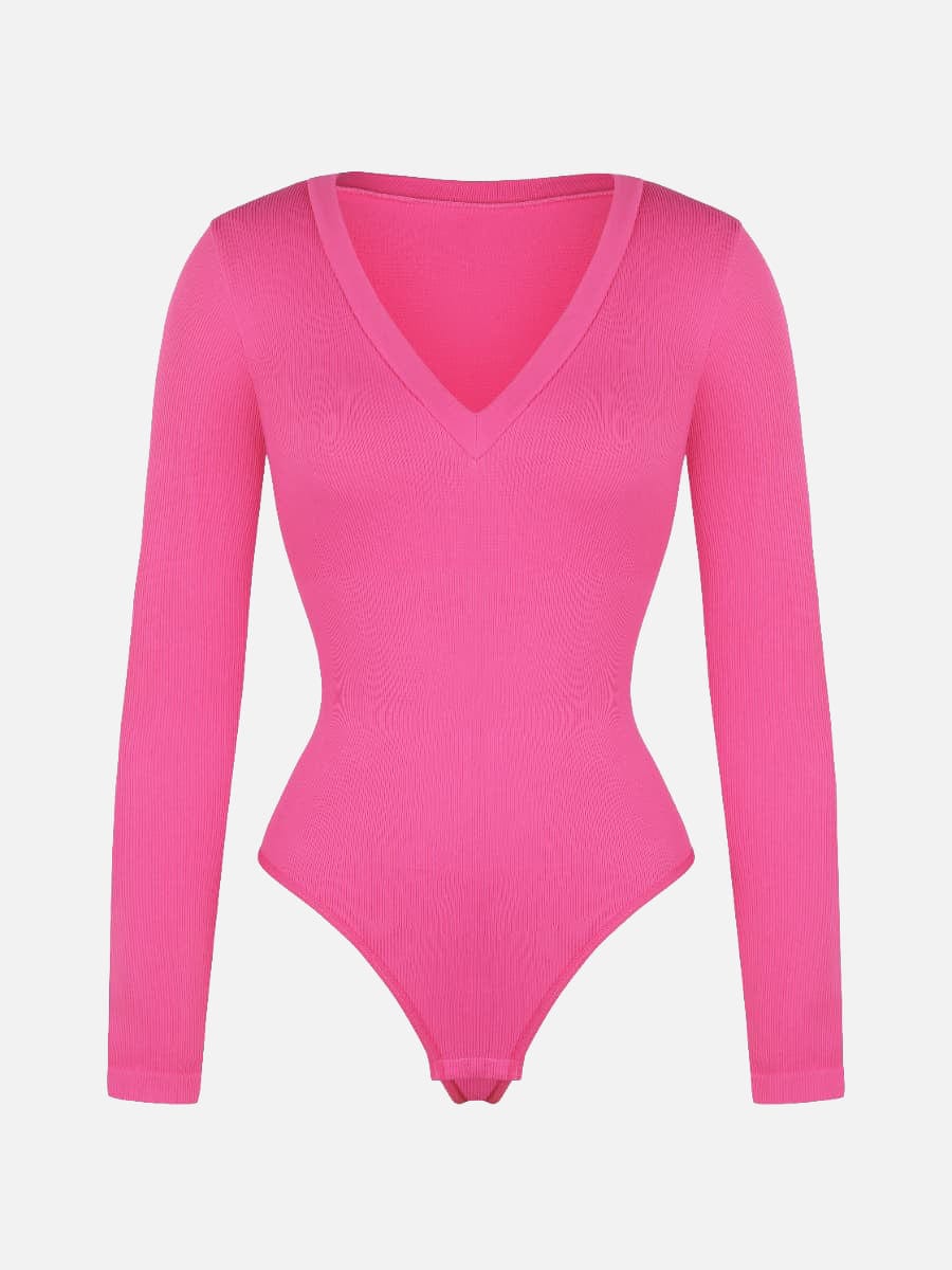 Long Sleeved V-neck Waist Shaping Tummy Control Seamless Bodysuit
