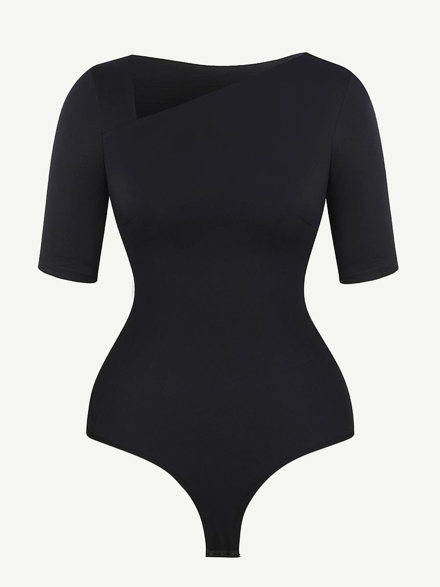 Tank Top Tight Thong Bodysuit With A Slant Cut Collar And Half Sleeves