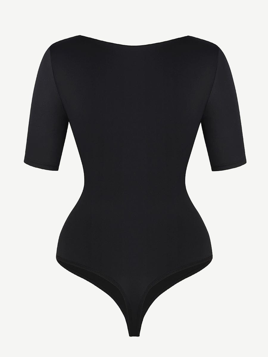 Tank Top Tight Thong Bodysuit With A Slant Cut Collar And Half Sleeves