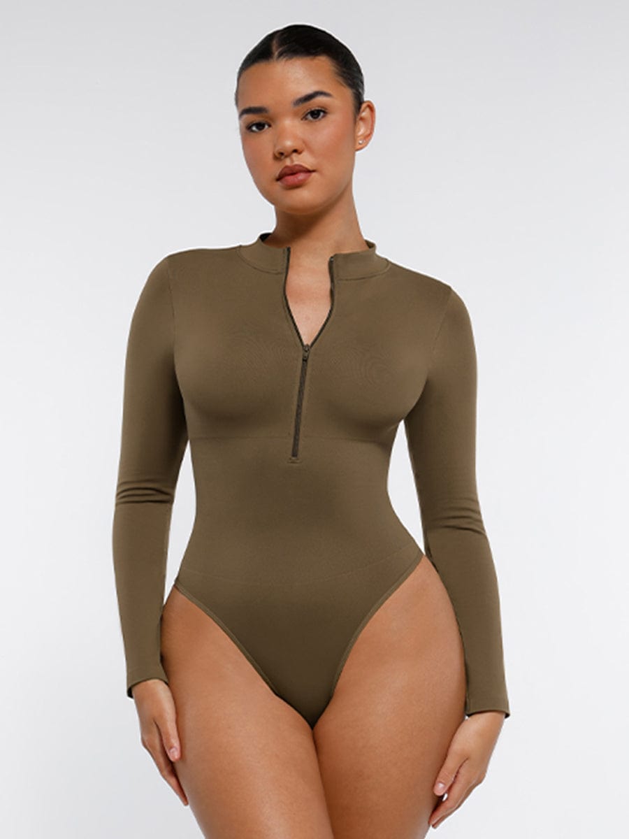 Seamless Long Sleeve Zipper Thong Bodysuit