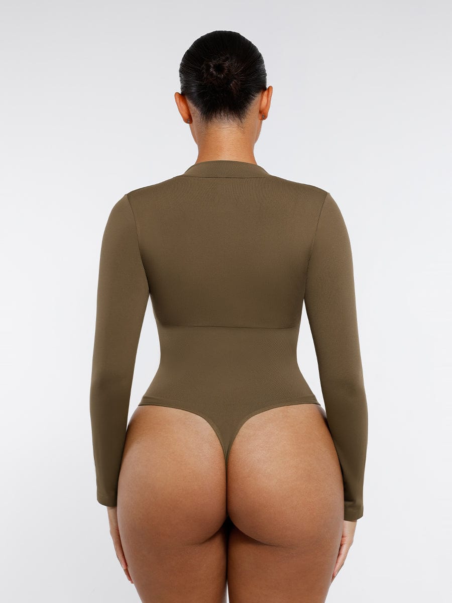 Seamless Long Sleeve Zipper Thong Bodysuit