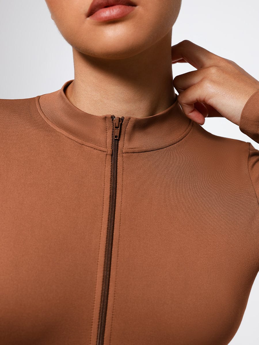 Seamless Long Sleeve Zipper Thong Bodysuit