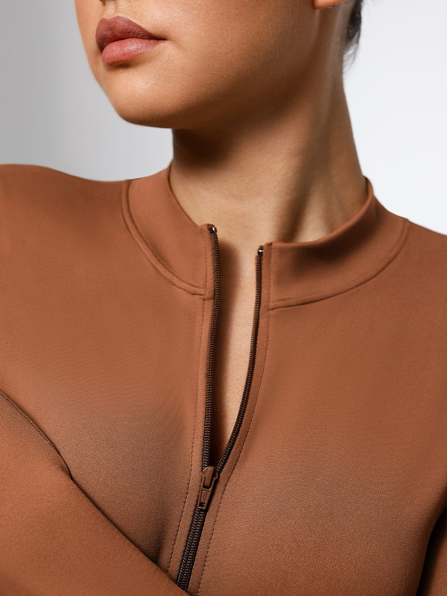 Seamless Long Sleeve Zipper Thong Bodysuit