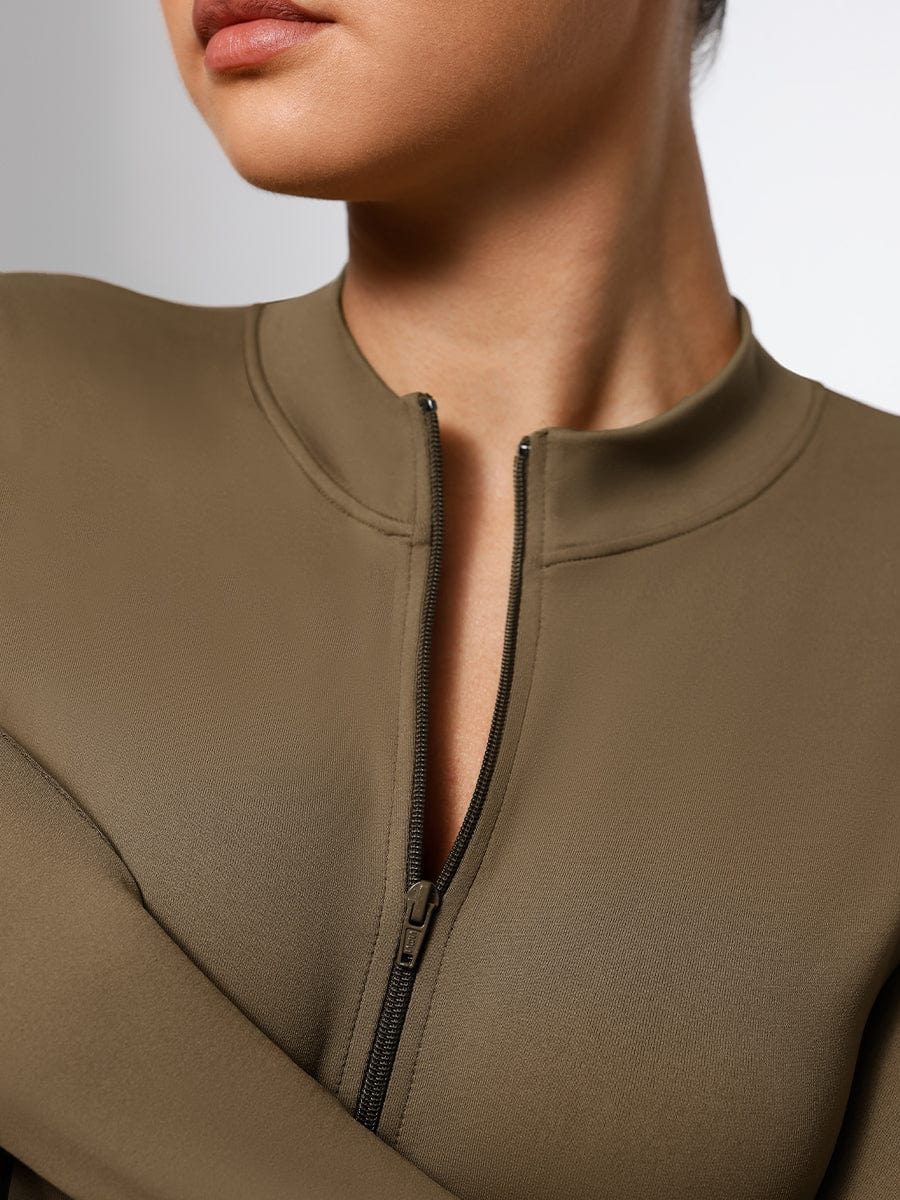 Seamless Long Sleeve Zipper Thong Bodysuit