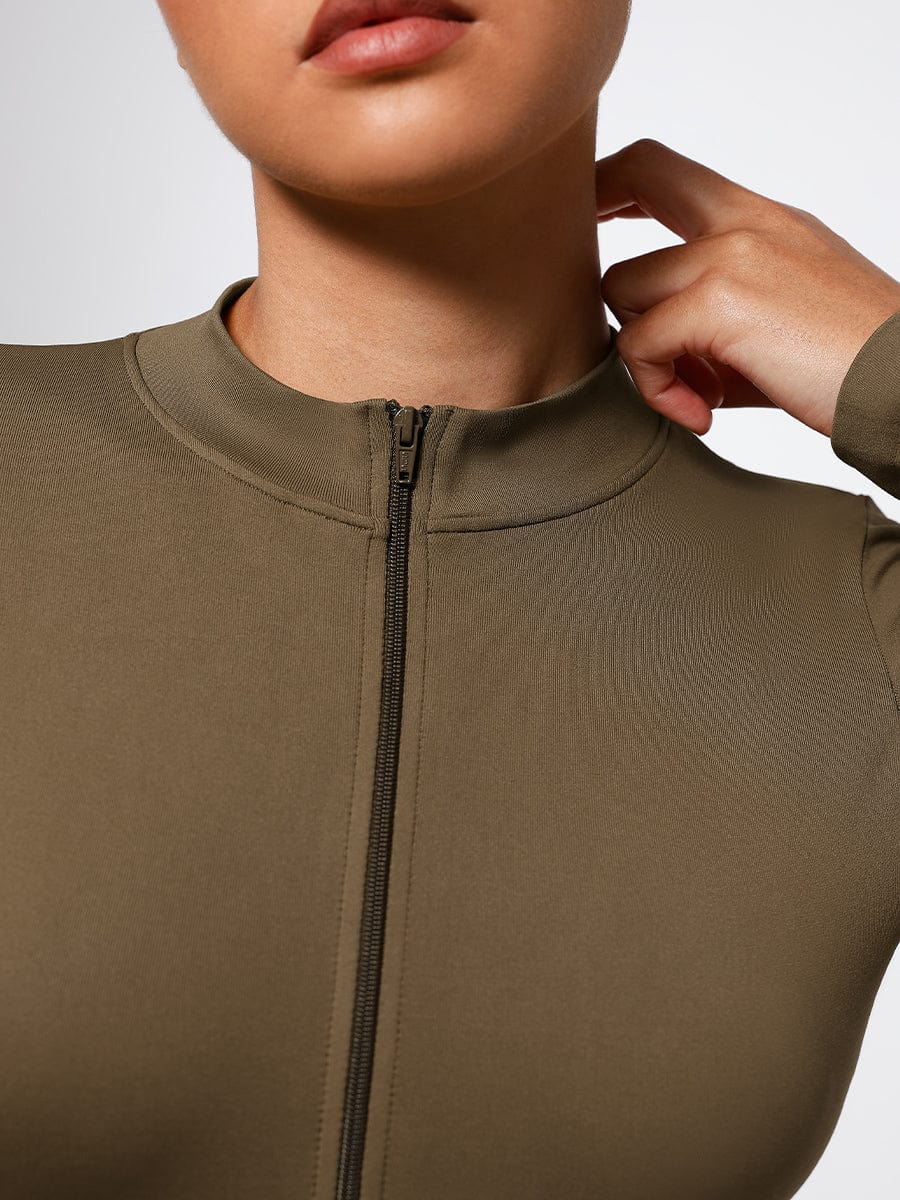 Seamless Long Sleeve Zipper Thong Bodysuit