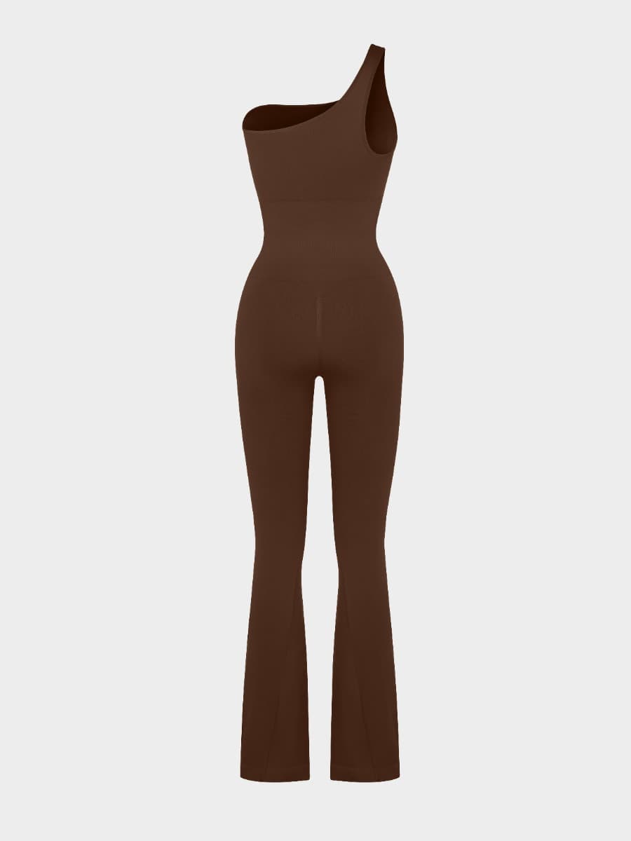 Seamless Sloped Shoulders Shaping Jumpsuit with Flared Legs