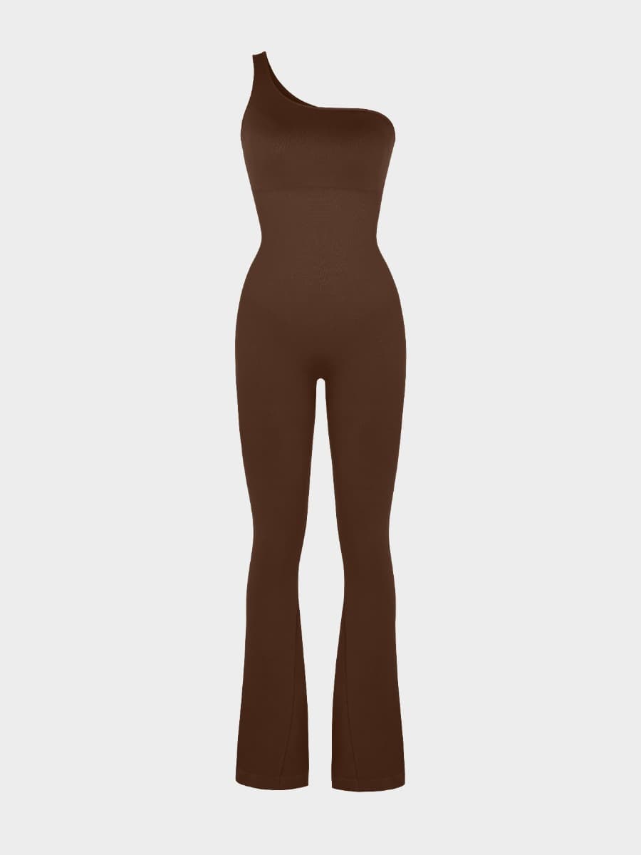 Seamless Sloped Shoulders Shaping Jumpsuit with Flared Legs