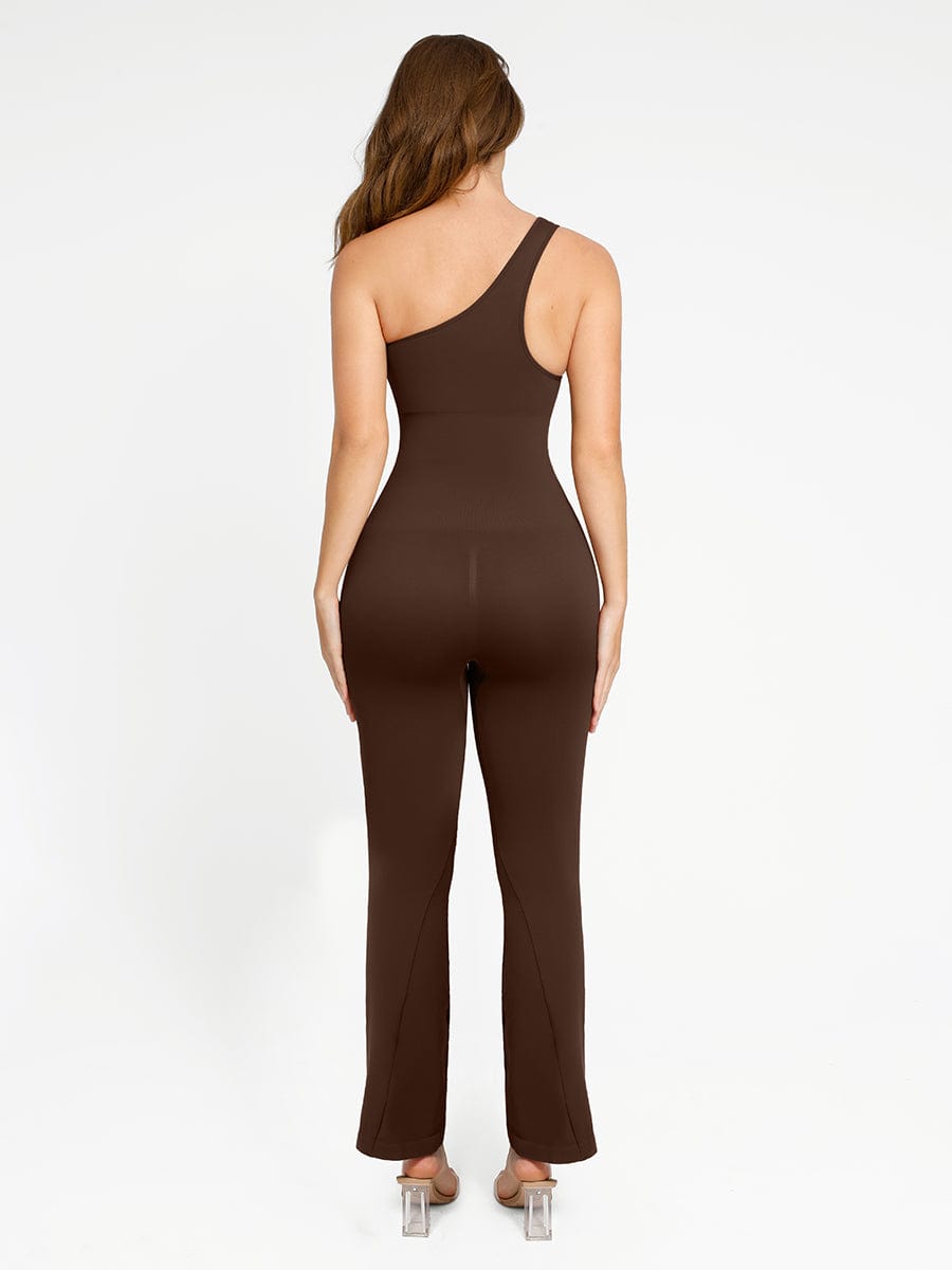 Seamless Sloped Shoulders Shaping Jumpsuit with Flared Legs