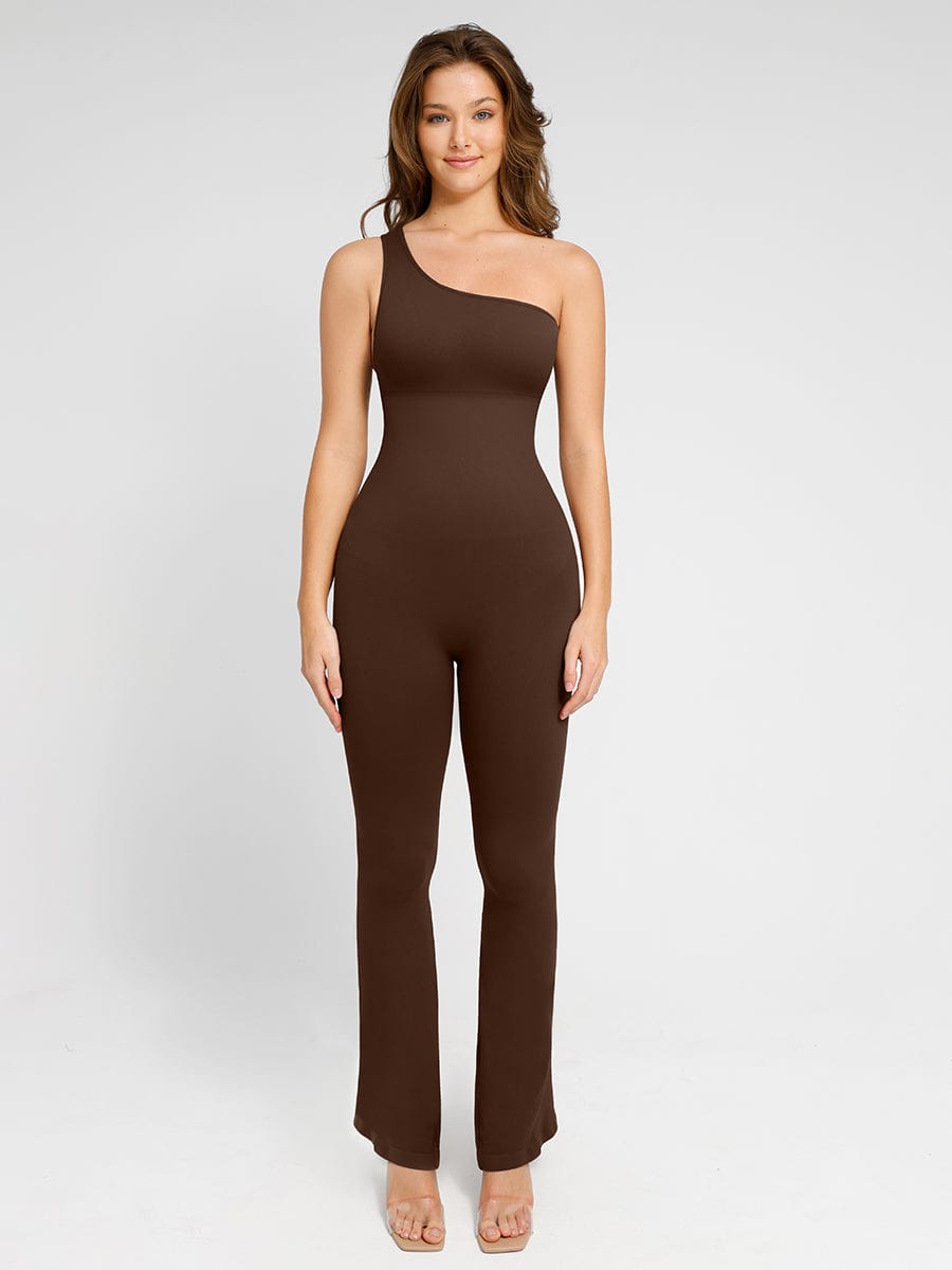 Seamless Sloped Shoulders Shaping Jumpsuit with Flared Legs