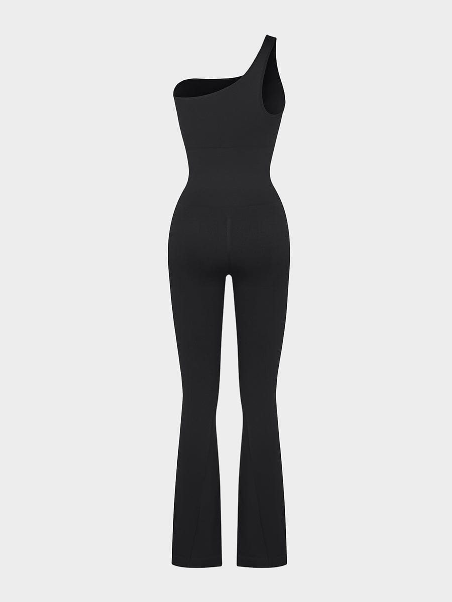 Seamless Sloped Shoulders Shaping Jumpsuit with Flared Legs