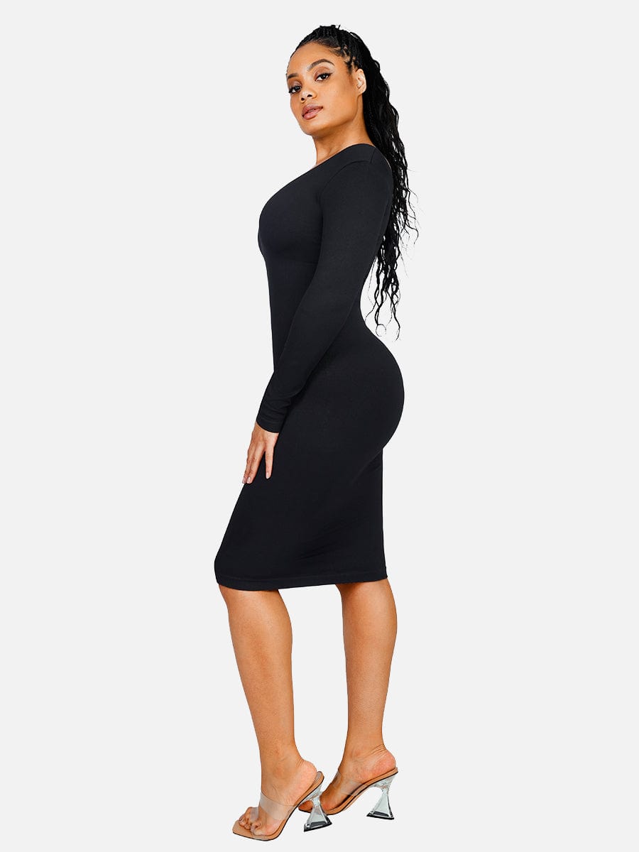 🌿 Eco-friendly Seamless V Neck Long Sleeve Waist Trimming Shaper Dress