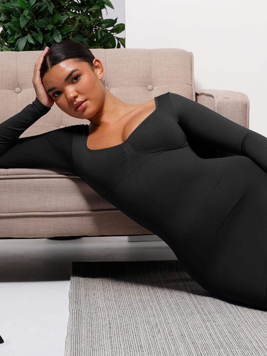 🌿 Eco-friendly Seamless Bust Support Tummy Control High Side Slit Shaping Dress