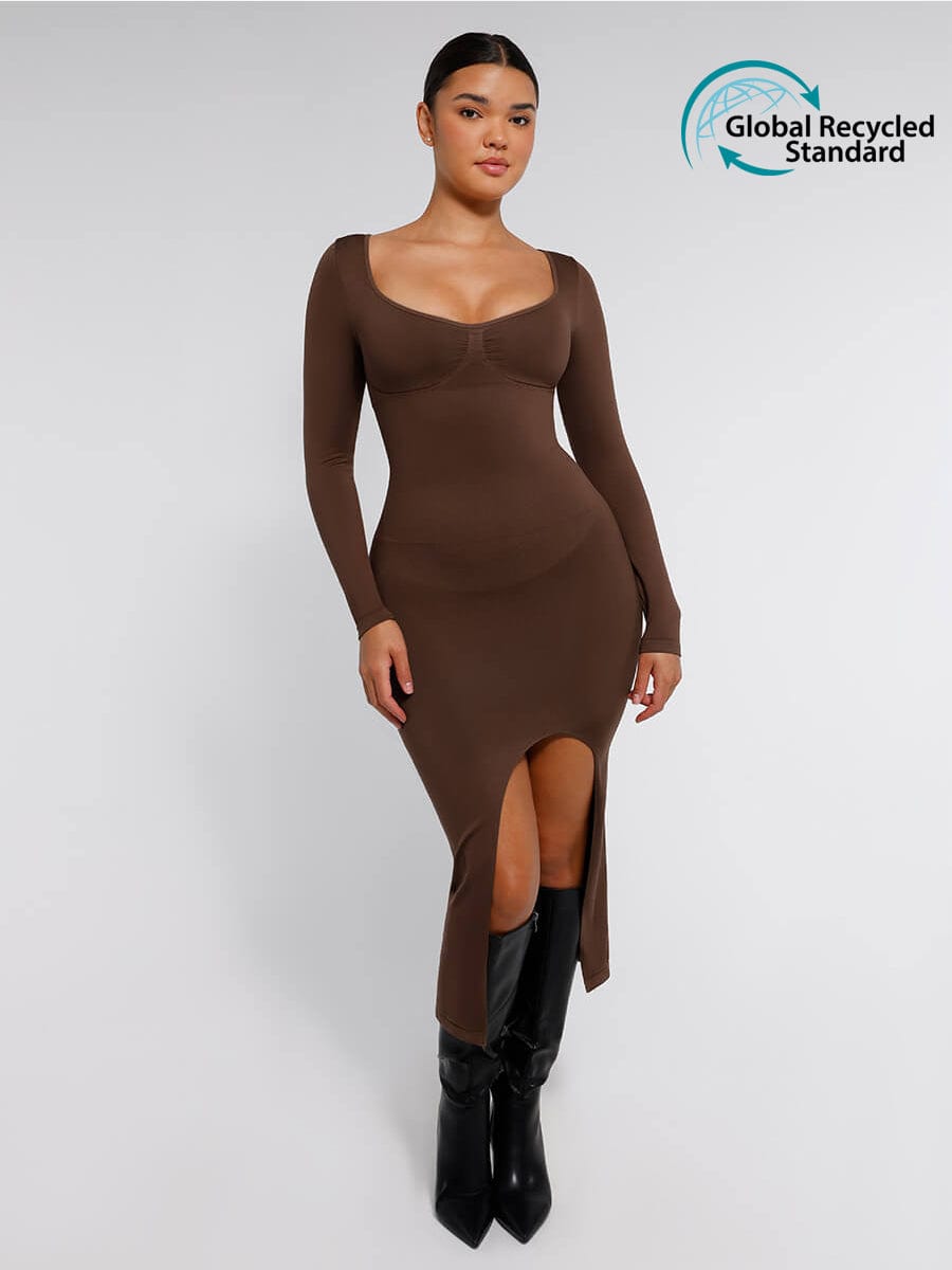 🌿 Eco-friendly Seamless Bust Support Tummy Control High Side Slit Shaping Dress