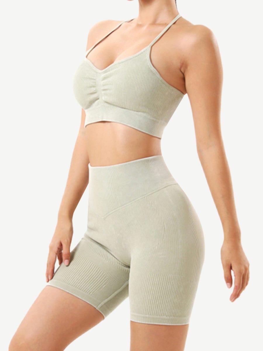 Seamless Wash Ribbed Fabricheart Neckline Sports Bra