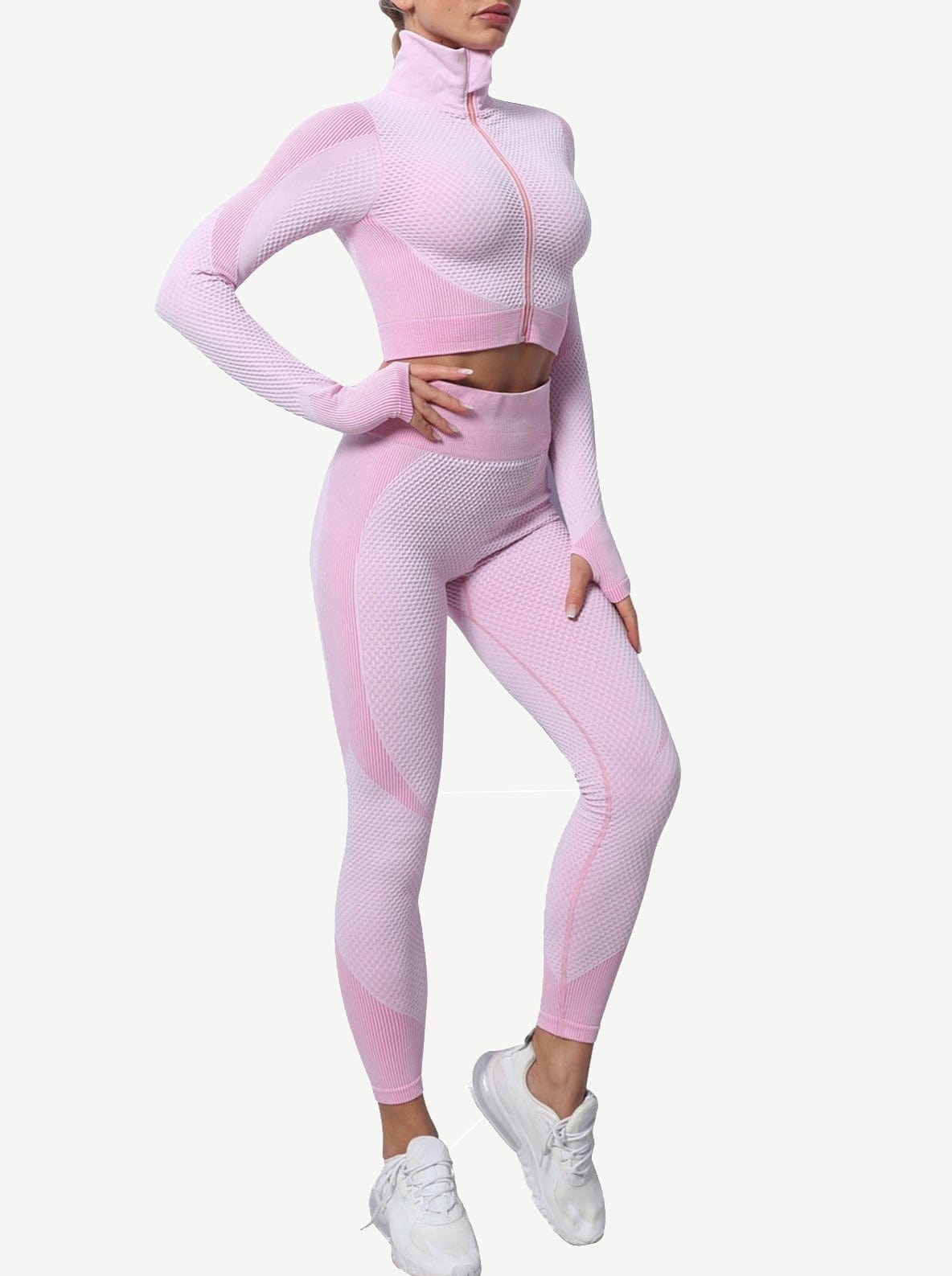 Cutie Zipper Patchwork 2 pcs Yoga Suit Thumbhole Elastic
