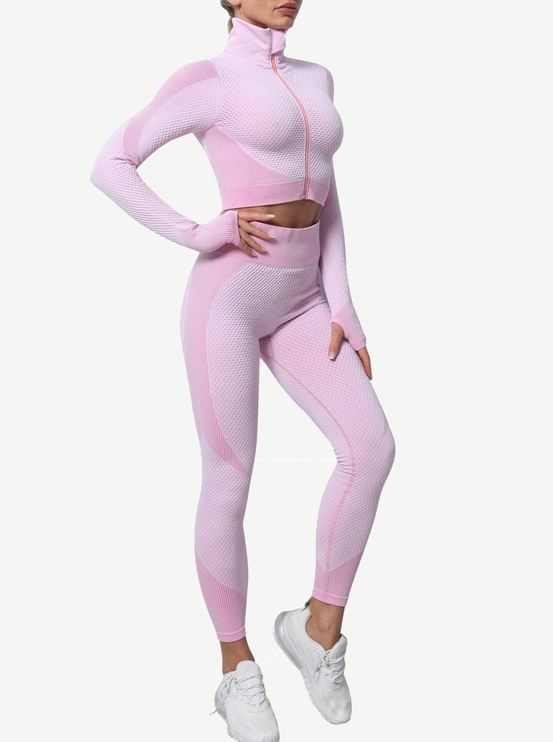 Cutie Zipper Patchwork 2 pcs Yoga Suit Thumbhole Elastic