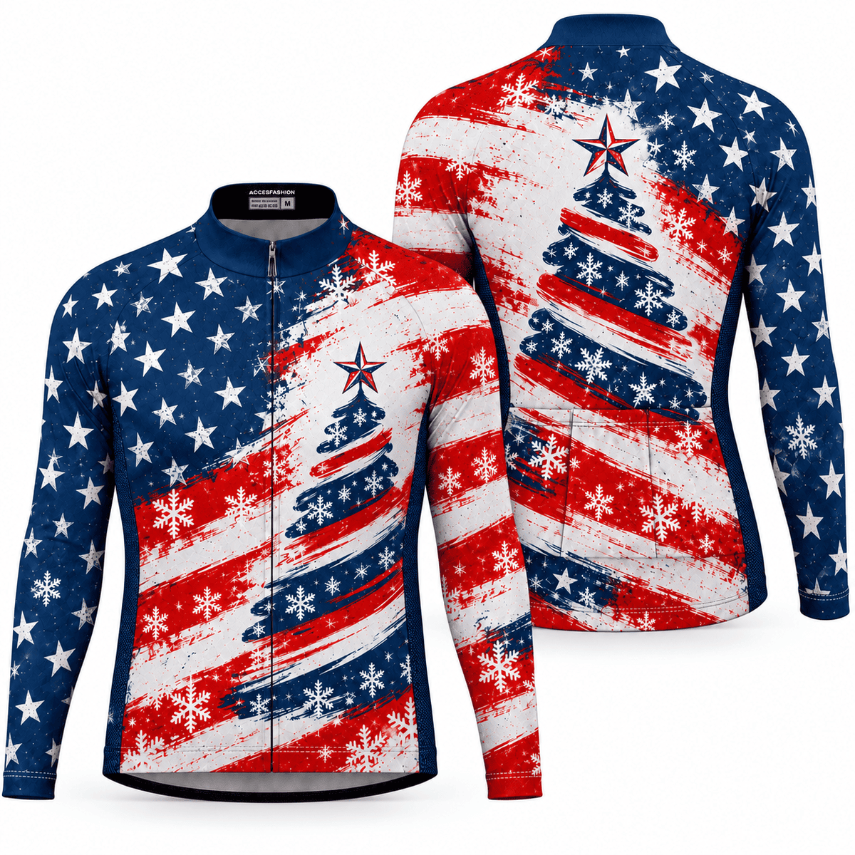 Stars & Stripes Christmas Tree Cycling Jersey & Kit Front Back Long Sleeve Jersey