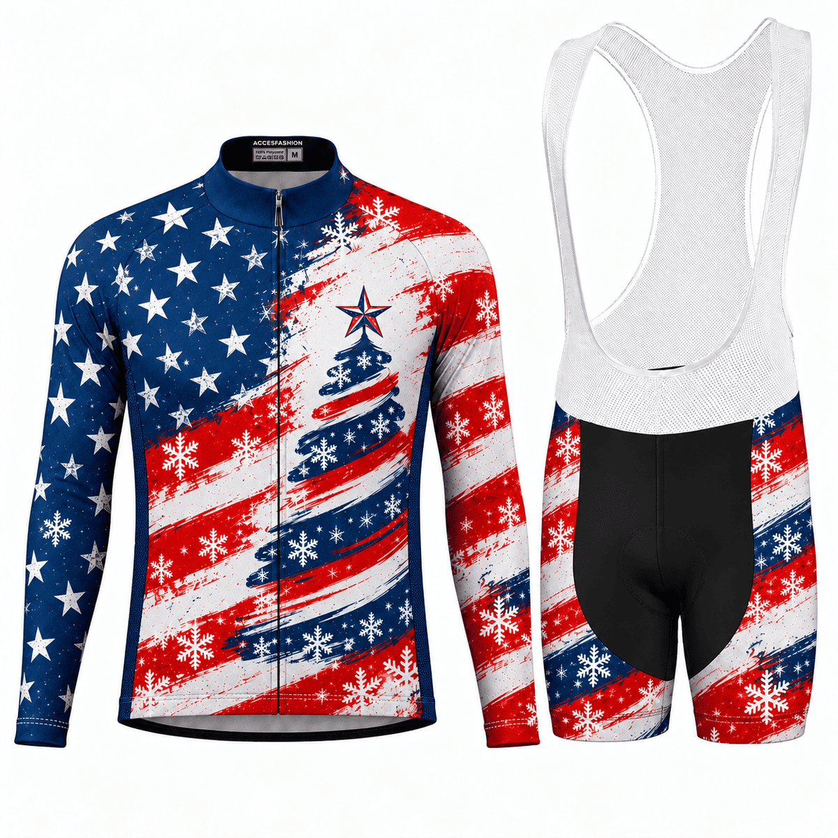 Stars & Stripes Christmas Tree Cycling Jersey & Kit Men Long Sleeve Bib Shorts Kit