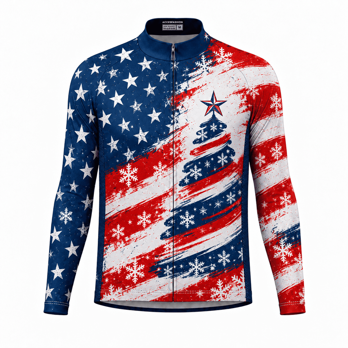 Stars & Stripes Christmas Tree Cycling Jersey & Kit Men Long Sleeve Front Jersey