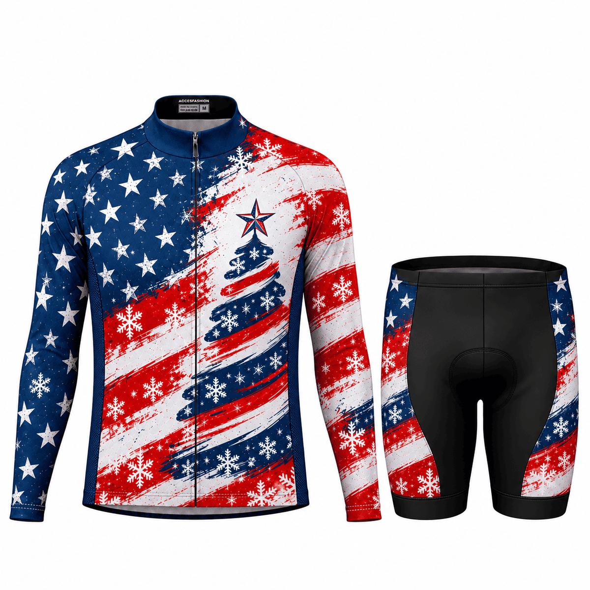 Stars & Stripes Christmas Tree Cycling Jersey & Kit Men Long Sleeve Shorts Kit