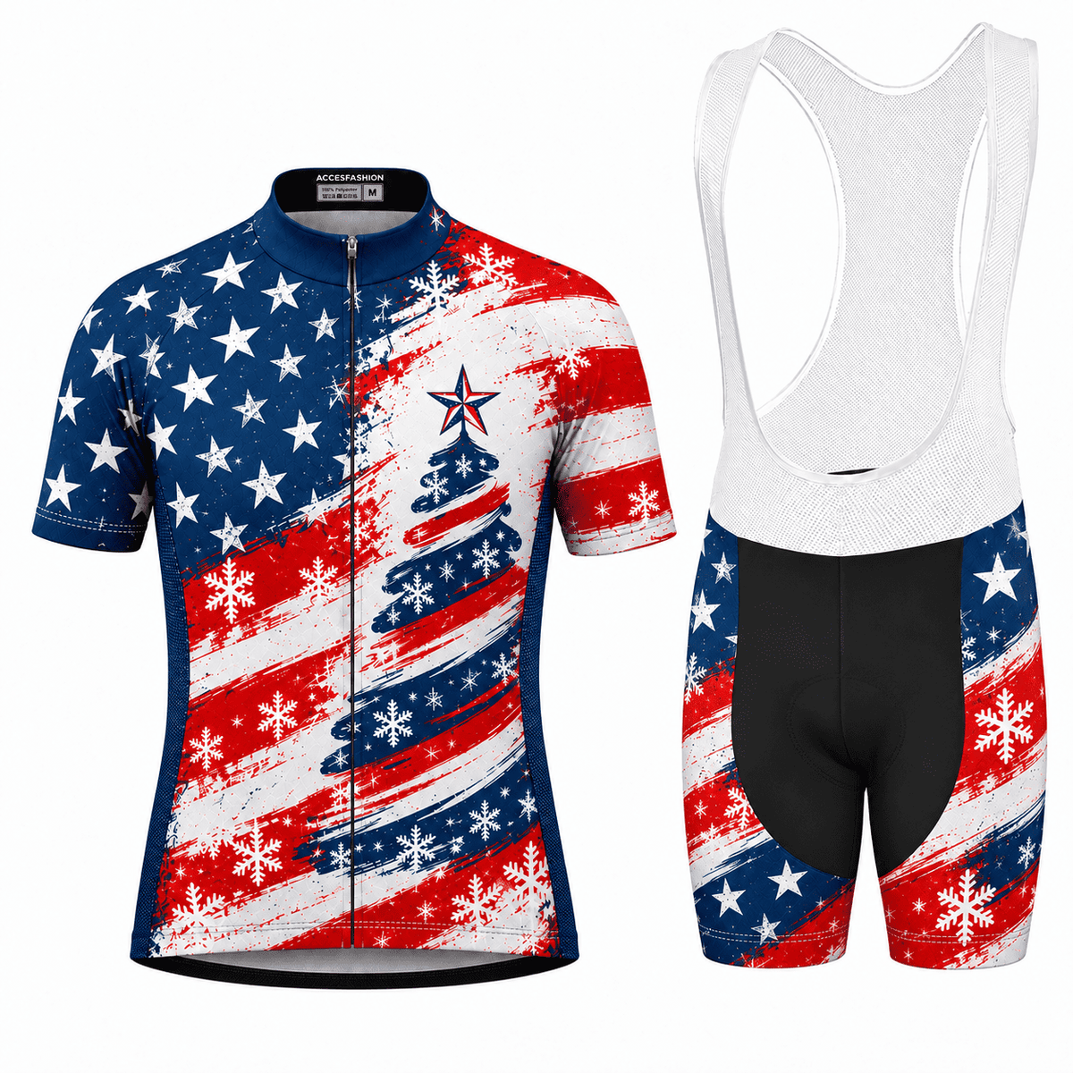 Stars & Stripes Christmas Tree Cycling Jersey & Kit Men Short Sleeve Bib Shorts Kit