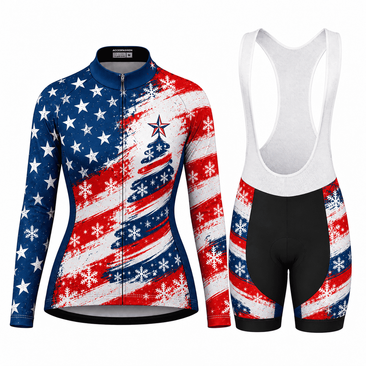 Stars & Stripes Christmas Tree Cycling Jersey & Kit Women Long Sleeve Bib Shorts Kit