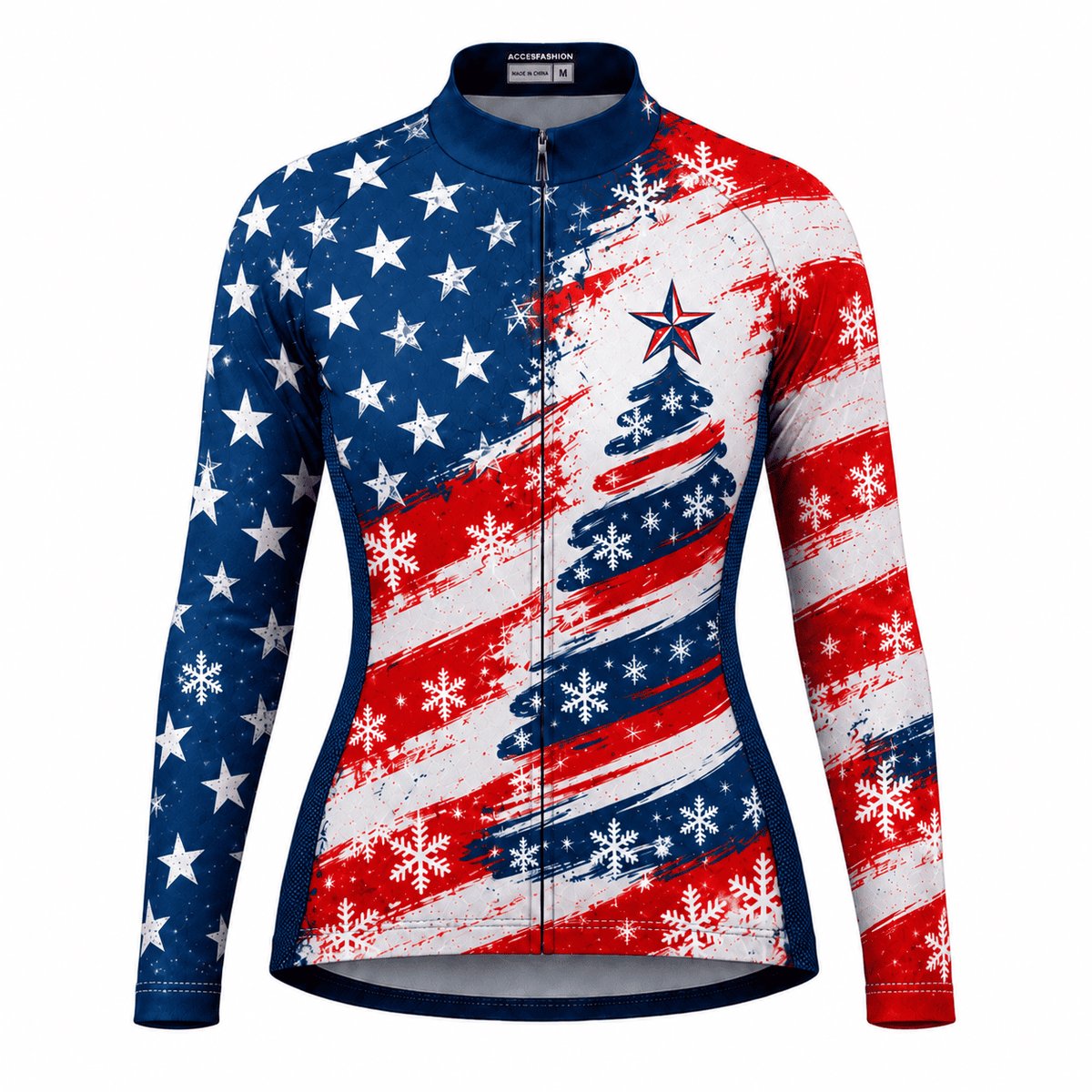 Stars & Stripes Christmas Tree Cycling Jersey & Kit Women Long Sleeve Front Jersey