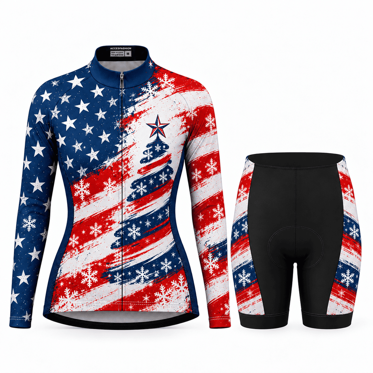 Stars & Stripes Christmas Tree Cycling Jersey & Kit Women Long Sleeve Shorts Kit