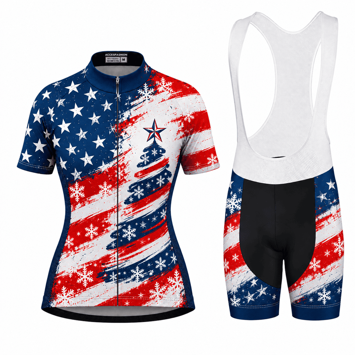 Stars & Stripes Christmas Tree Cycling Jersey & Kit Women Short Sleeve Bib Shorts Kit