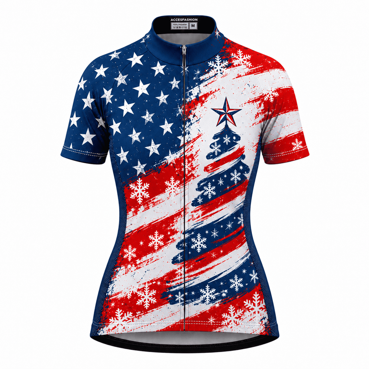 Stars & Stripes Christmas Tree Cycling Jersey & Kit Women Short Sleeve Front Jersey