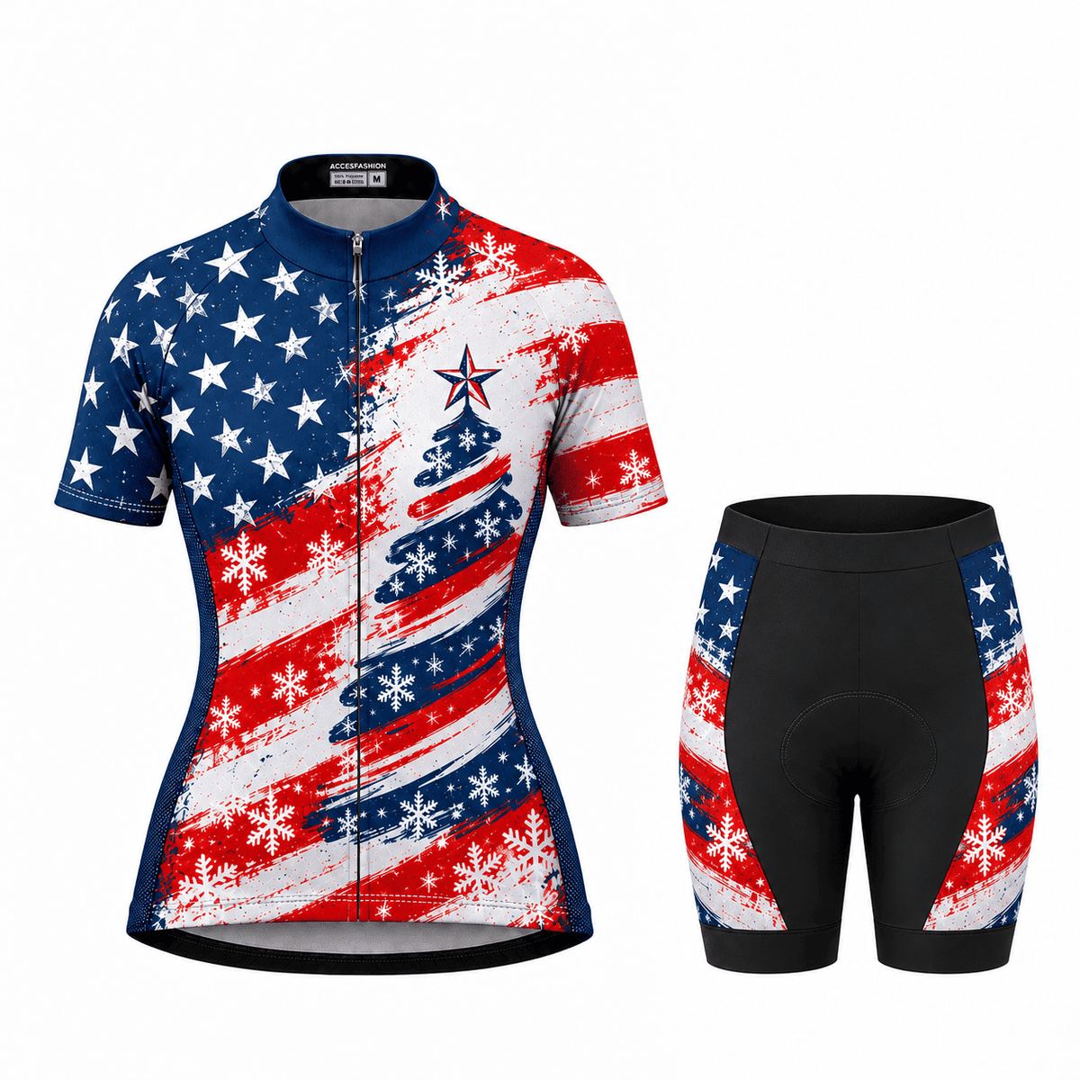 Stars & Stripes Christmas Tree Cycling Jersey & Kit Women Short Sleeve Shorts Kit