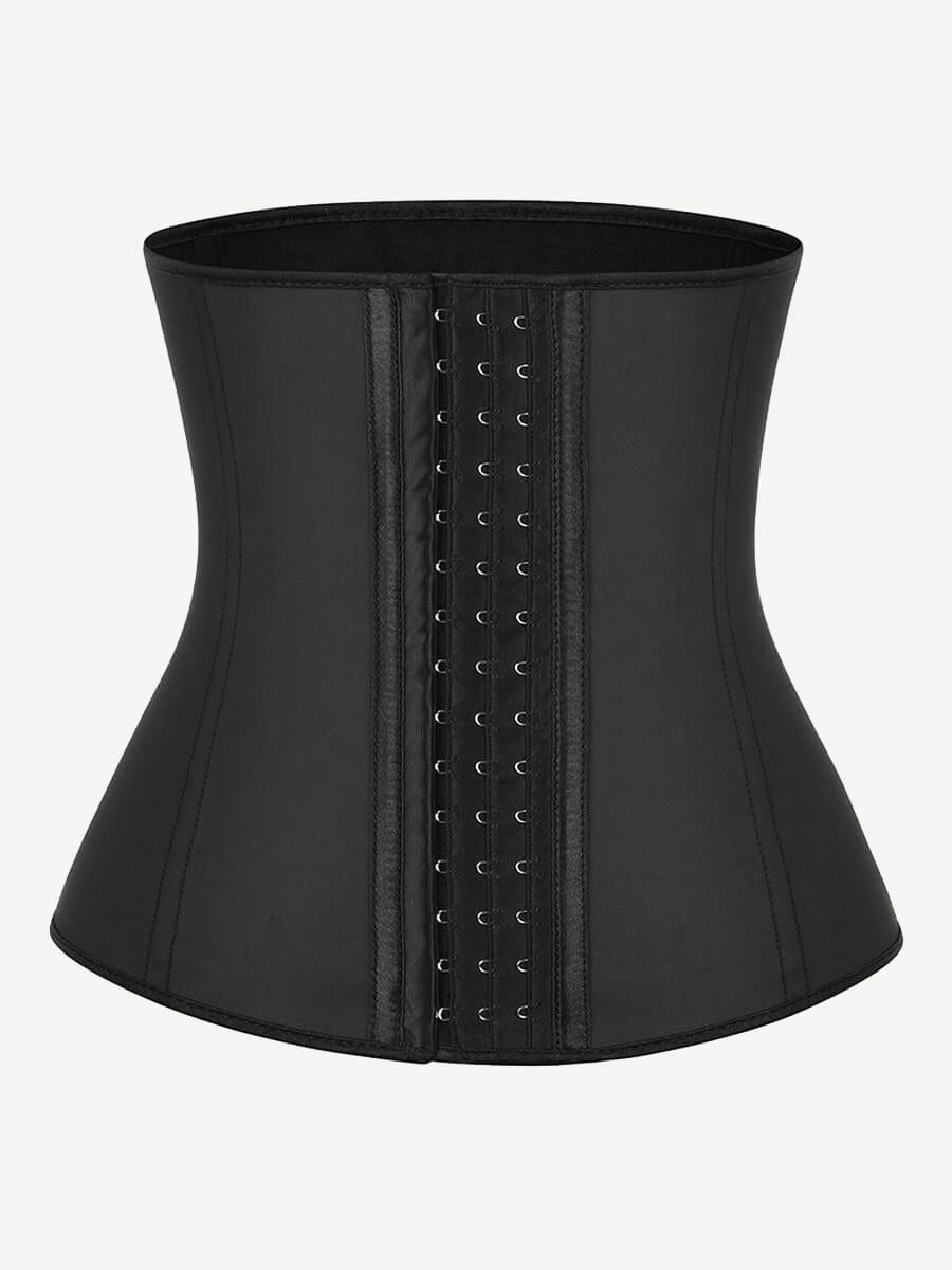 9 Steel Boned Black Latex Waist Cincher Hook-And-Eye Closures Smooth Silhouette