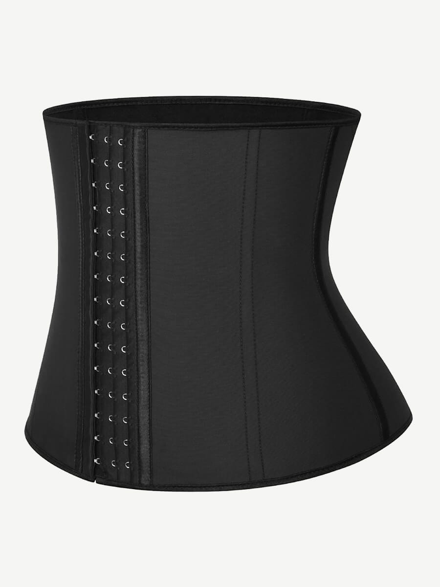 9 Steel Boned Black Latex Waist Cincher Hook-And-Eye Closures Smooth Silhouette