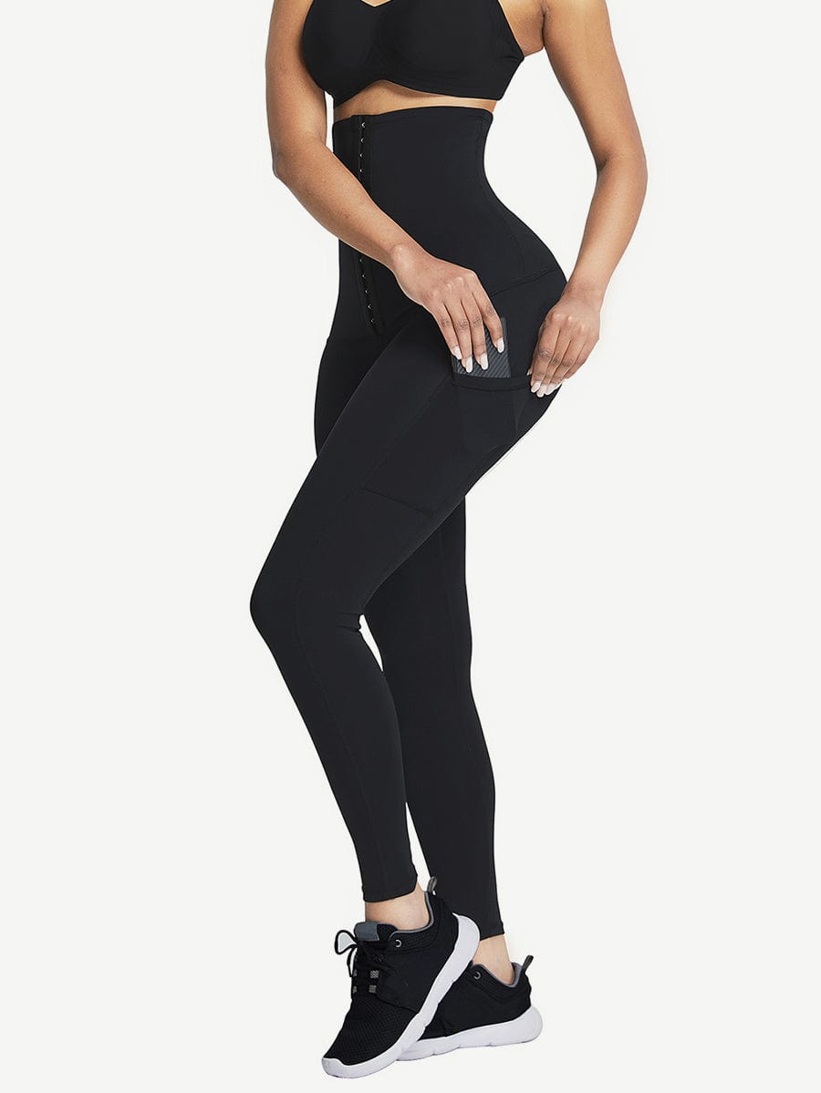 Black Shape Leggings High Waist 3 Hooks Pockets Basic Shaping